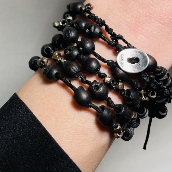 Chan Luu Black Wrap Bracelet skulls triple nugget beads 925 silver close Unisex - Picture 2 of 6